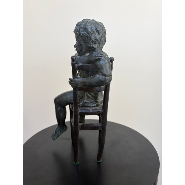 Maitland - Smith Late 20th Century Verdigris Bronze Boy in Chair Sculpture Styled After Maitland-Smith For Sale - Image 4 of 11