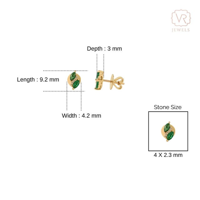 Green Vintage-Inspired 14k Yellow Gold Stud Earrings With Natural Emerald & Diamond- A Pair For Sale - Image 8 of 10
