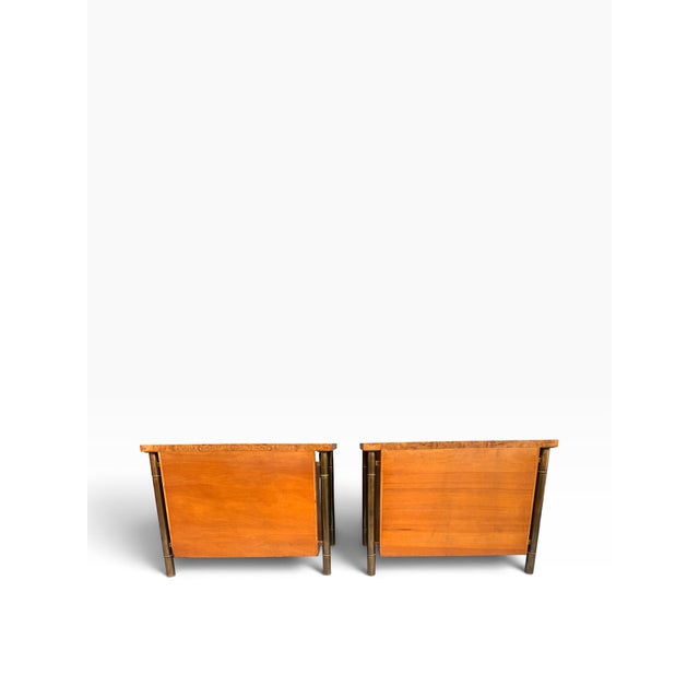 Wood 1960s William Doezema for Mastercraft Carpathian Elm Burl & Brass Floating Nightstands — Pair, Attributed For Sale - Image 7 of 18