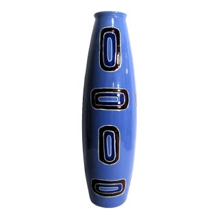 Vintage Tall Asian Vase Blue Geometric Design For Sale