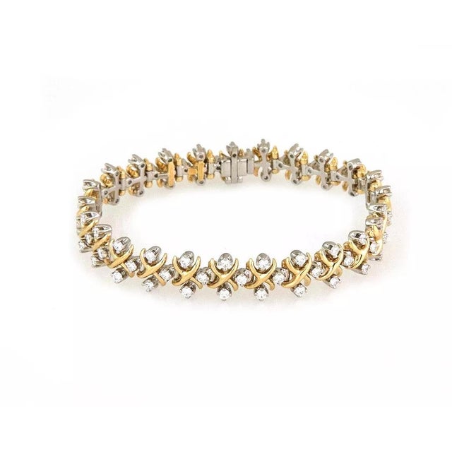 1990s Tiffany & Co. Schlumberger Diamond Bracelet 18k Gold Platinum X Link Style For Sale - Image 5 of 9