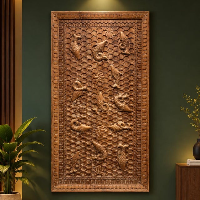 Brown 1920s Wabi Sabi Carved Fish Wood Wall Panel – Koi Pond Art & Statement Headboard 69 For Sale - Image 8 of 8