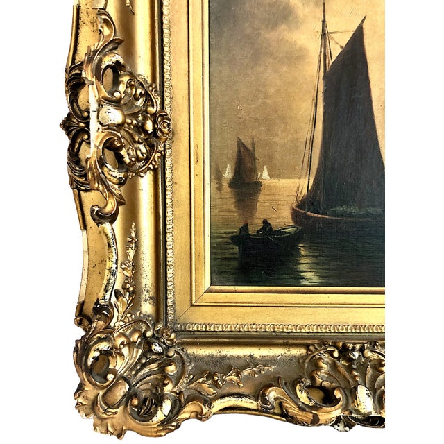 Textile Antique Tonalist “English Fishing Boats” Marine Painting, by G. Martin For Sale - Image 7 of 11