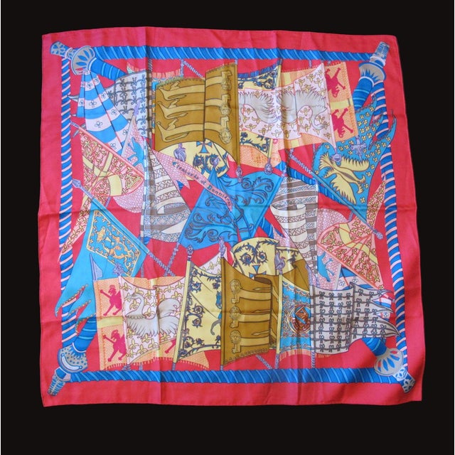 Abstract Hermes France Carre 90 Etendards Et Bonnieres Flags & Banners Red Silk Scarf For Sale - Image 3 of 9