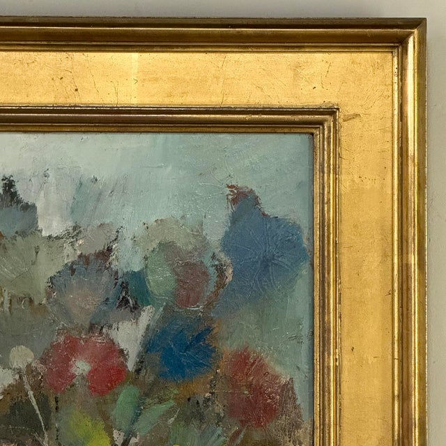 Cornflower Blue Id Century Modernist Floral Still Life Oil Painting by Marcel Mortier in Original Gold Leaf Frame For Sale - Image 8 of 17