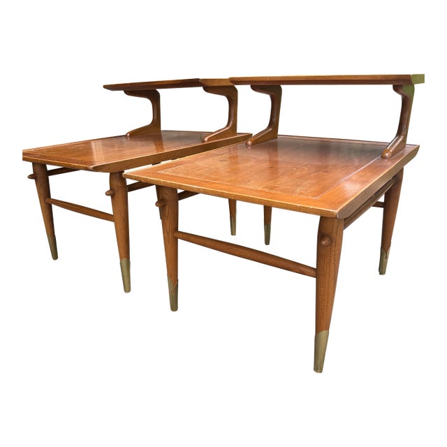 1950s Lane Altavista Copenhagen Mid Century Modern Two Tier Walnut End Tables For Sale