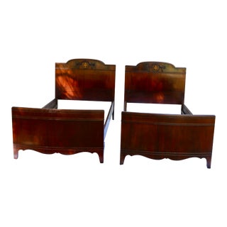 Early 20th Century Antique Berkey & Gay Mahogany Twin Bed Frames With Prince of Wales Feathers Marquetry -A Pair For Sale