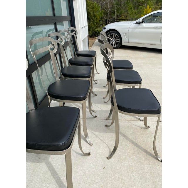 1990s Set of 2 Iron Indoor/Outdoor Klismos Column Dining Chairs With Leather Upholstery Handcrafted Styled After Jermaine Gallacher For Sale - Image 4 of 12