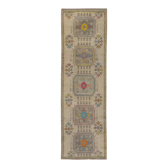 1960s Colorful Geometric Design Handoven Wool Vintage Turkish Oushak Runner 3'2" X 10'3" For Sale