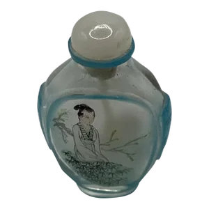 Mid 19th Century Light Blue Chinese Reverse Painted Glass Snuff Bottle With Lid