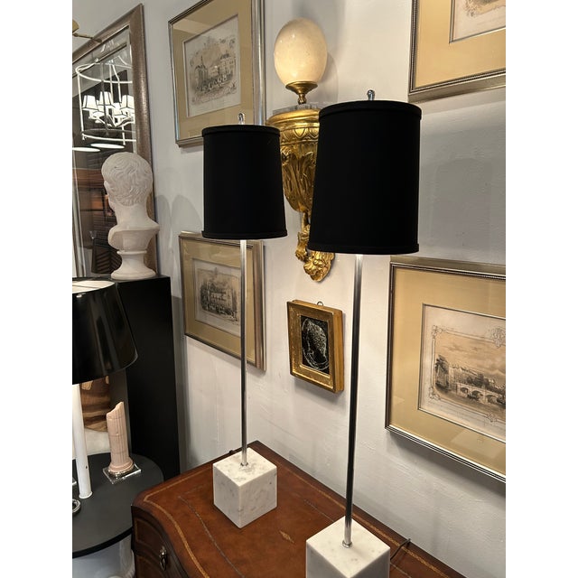 1970s Midcentury Modern Elongated Chrome & Marble Table Lamps- A Pair For Sale - Image 5 of 7