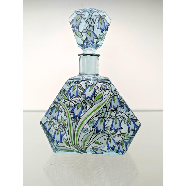 Bohemian Art Deco decanter, set of 4 glasses, light blue/turquoise crystal glass with hand-painted bellflowers and enamel...
