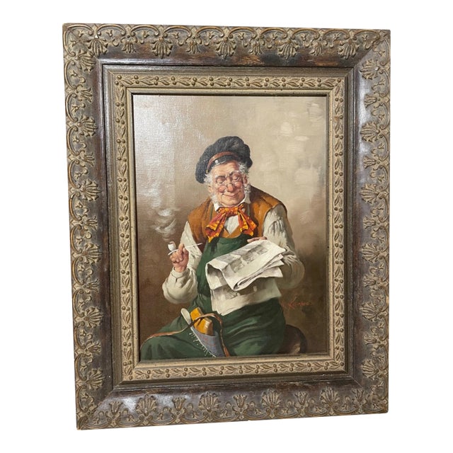 1940s Original Franz Kerber Cobbler Smoking Pipe Realism Oil Painting Signed For Sale