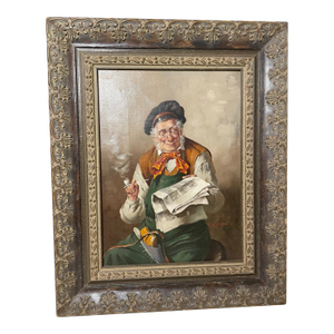 1940s Original Franz Kerber Cobbler Smoking Pipe Realism Oil Painting Signed