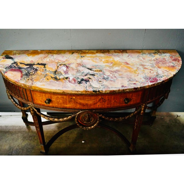 Art Nouveau Exceptional French Demi-Lune Console With One-of-a-Kind Breccia Marble Top, C. 1920 For Sale - Image 3 of 9