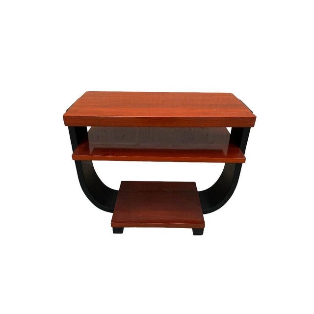 Two-tone, two-tier Art Deco side table made of Pearwood. Fantastic side profile with a great geometric round Cantaleviered...