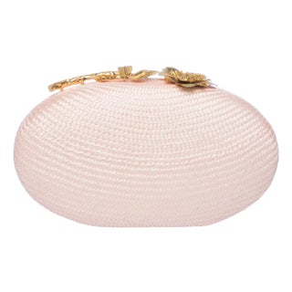 Joanna Oval Clutch in Pale Pink With Gold Flower Clasp For Sale