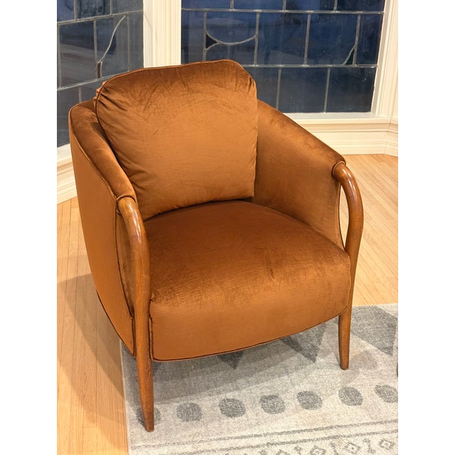 Mid-Century Modern Vintage Barrel Back Chairs in Amber Velvet, Carved Oak Arms – Pair For Sale - Image 3 of 9