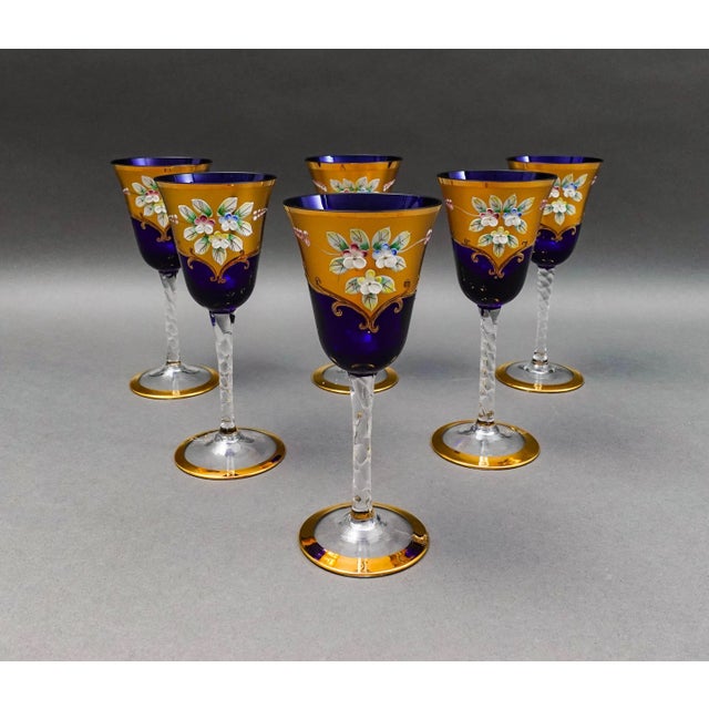 Mid-Century Modern Tre Fuochi Venetian Glass Cobalt Blue 24k Gold Wine Glasses Set of 6 For Sale - Image 3 of 10