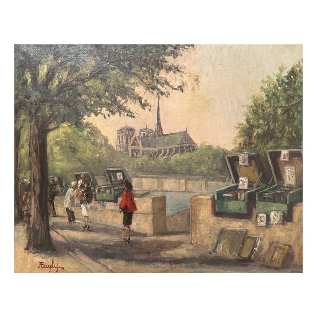Quai De Paris and Its Booksellers, 1920s, Oil on Canvas For Sale