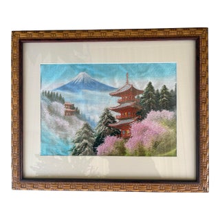 Vintage Japanese Silk Embroidery of Mount Fuji With Pagodas, Framed For Sale