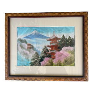 Vintage Japanese Silk Embroidery of Mount Fuji With Pagodas, Framed