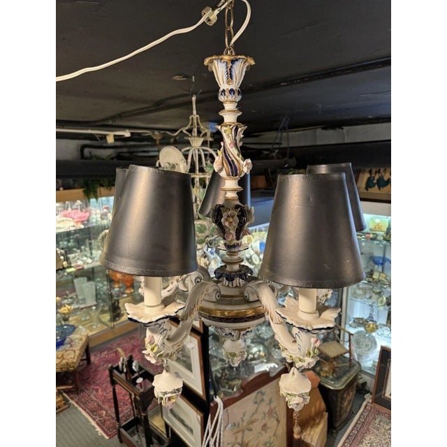 1930s French Hand Painted Porcelain Five Light Chandelier For Sale - Image 11 of 12