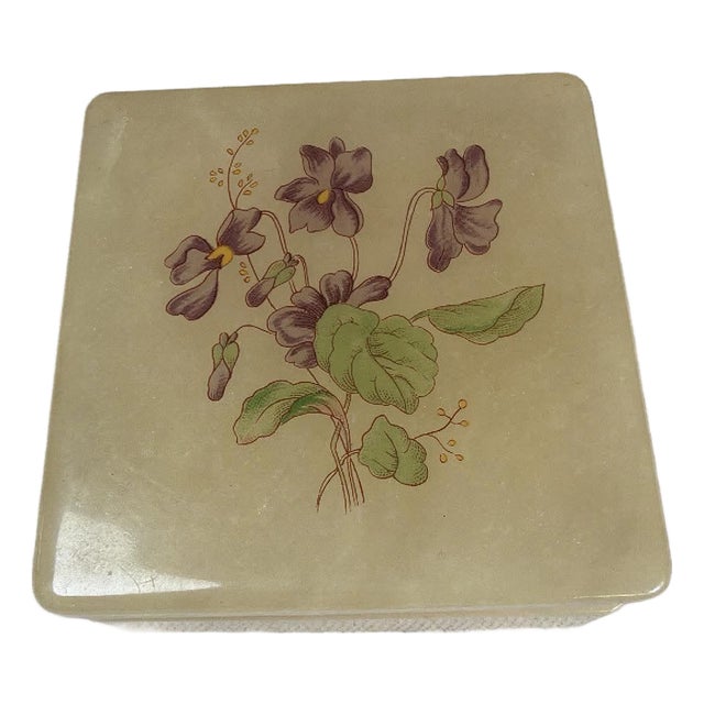 Vintage Alabaster Trinket Box Cream Floral Violet Italy Square Stone For Sale