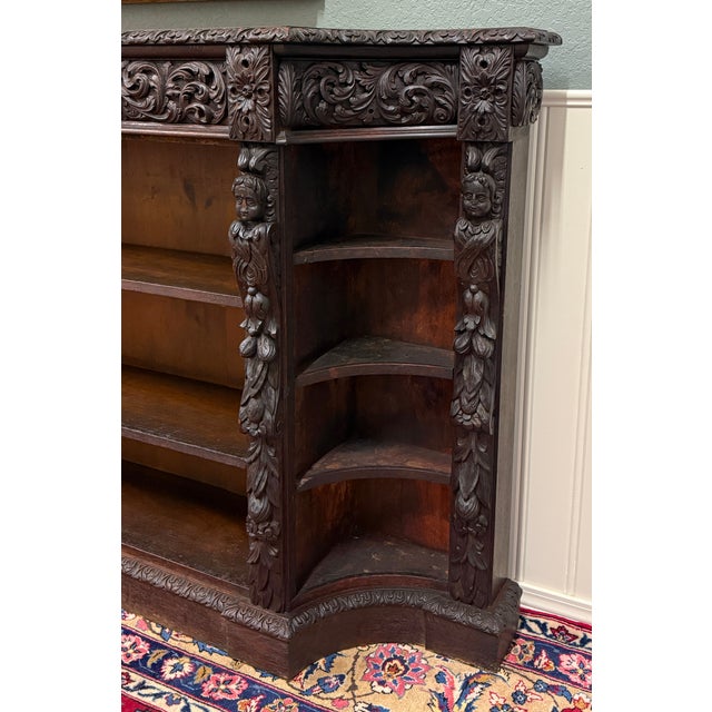 Brown Antique French Renaissance Revival Style Carved Bookcase Bookshelf Oak c.1890s For Sale - Image 8 of 18