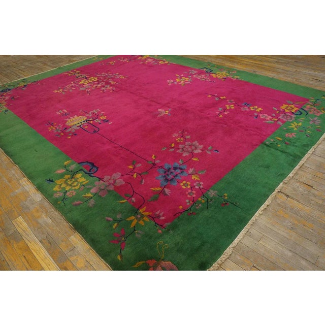 1920s Pink Cerise Floral Vase Antique Chinese Art Deco Carpet 9' X 11' 6'' Knotted Wool Rug For Sale - Image 4 of 12