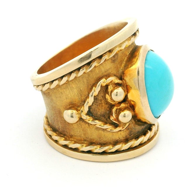 Metal Vintage Italian 18k Gold Turquoise Etruscan Revival Statement Ring, Size 8.5 For Sale - Image 7 of 10