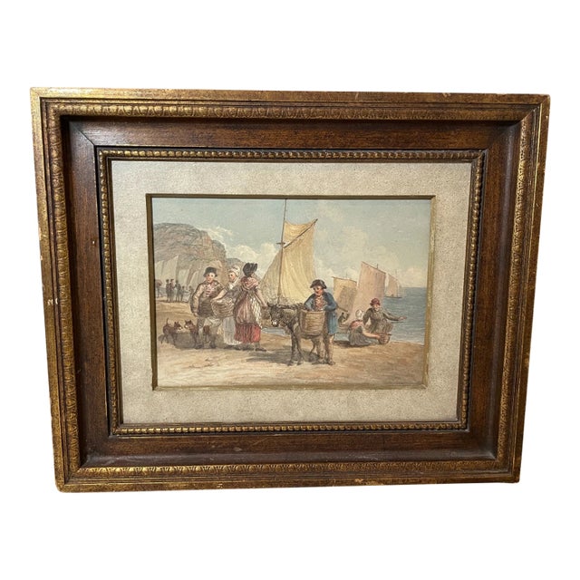 Antique 1800's Original Watercolor Trading Landscape Nautical Sailboat Painting For Sale