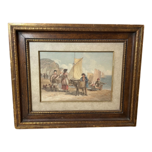 Antique 1800's Original Watercolor Trading Landscape Nautical Sailboat Painting