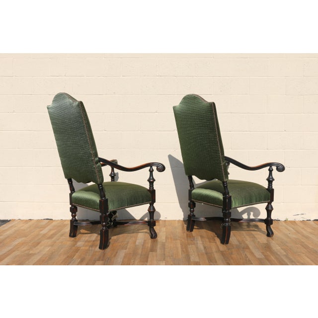 Pair of Antique High Back Throne Armchairs | Green Upholstery & Gold Monogram | Early 20th Century For Sale - Image 16 of 18