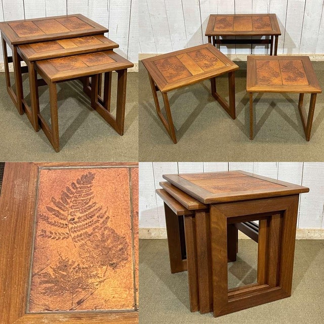 Set of 3 nesting tables in teak with tiled top - work from the 70s. L=58cm, D=42cm, H=48cm.