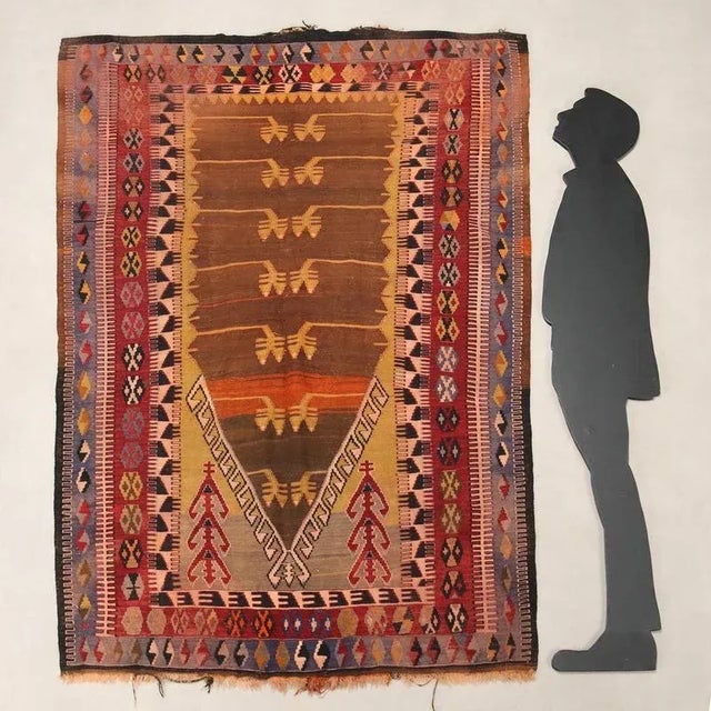 Kilim rug in wool, fine knot, hand made. This piece is attributed to the mentioned designer/maker. It has no attribution...