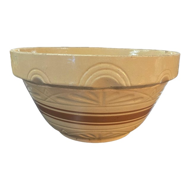 Large 14 Inch Antique American Yellowware Master Mixing Bowl With Brown Bands For Sale