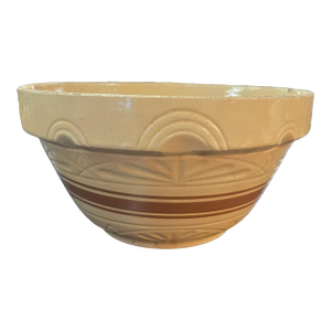 Large 14 Inch Antique American Yellowware Master Mixing Bowl With Brown Bands