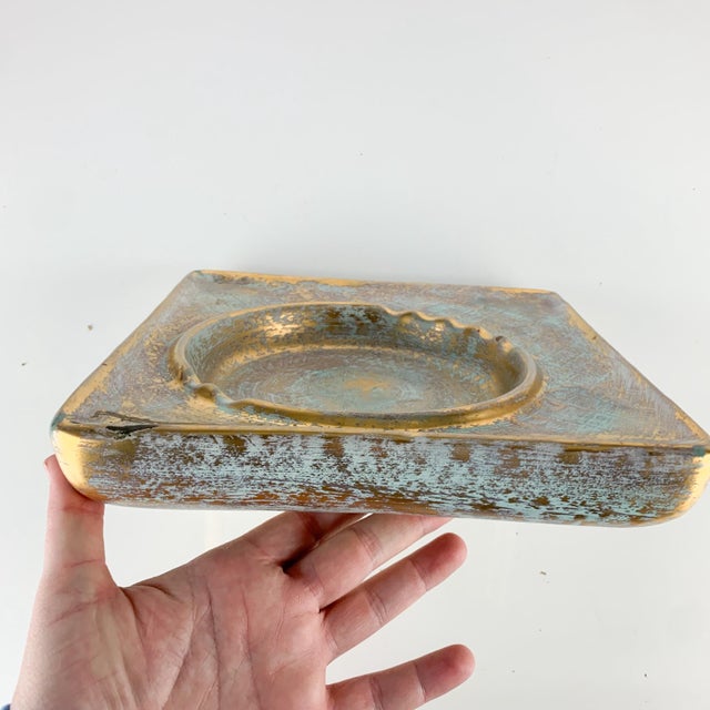 Mid 20th Century Vintage Stangl MCM Antique Gold Blue Large Ceramic Ashtray Hollywood Regency For Sale - Image 5 of 9