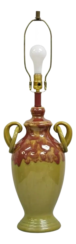 Vintage Contemporary Mission Arts & Crafts Style Pottery Ceramic Green & Red Table Lamp