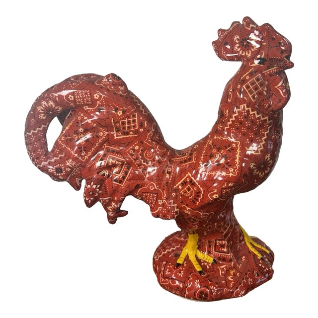 Large Porcelain Rooster Figurine Red Paisley Bandana Farmhouse Country Decor For Sale
