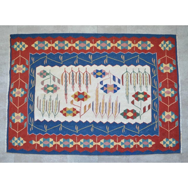 1980s Hand Woven Oushak Kilim Flat Weave Wool Area Rug For Sale - Image 6 of 12