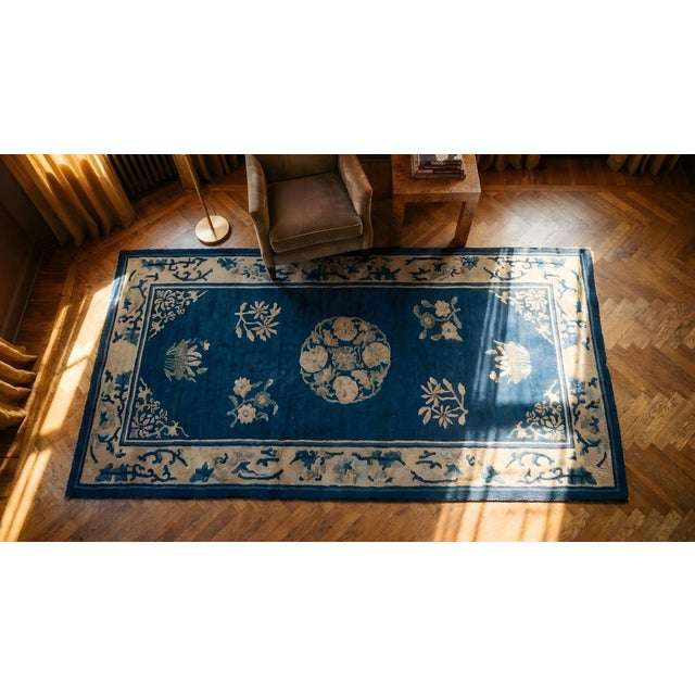 Exceptional Navy Blue Color With Great Florid Design Antique Chinese Peking Rug For Sale - Image 16 of 17