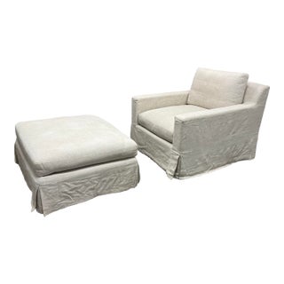 Restoration Hardware Slipcover Belgian Linen Shelter Armchair + Ottoman For Sale