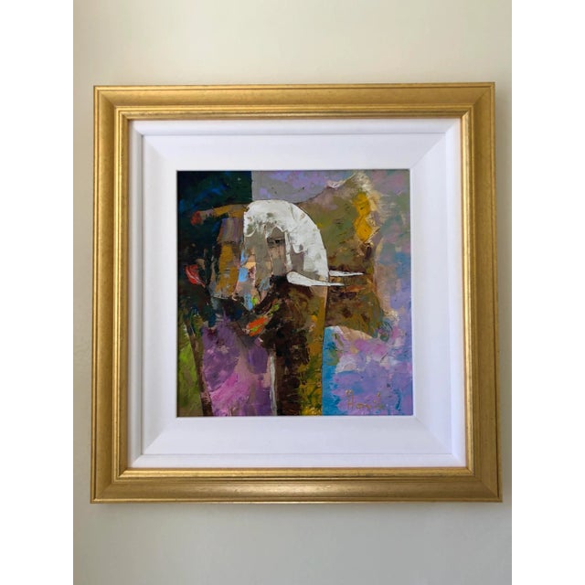 This 1980s oil on canvas Hovik was acquired in Prague, Czech Republic. A stunning modern abstract elephant framed in a...