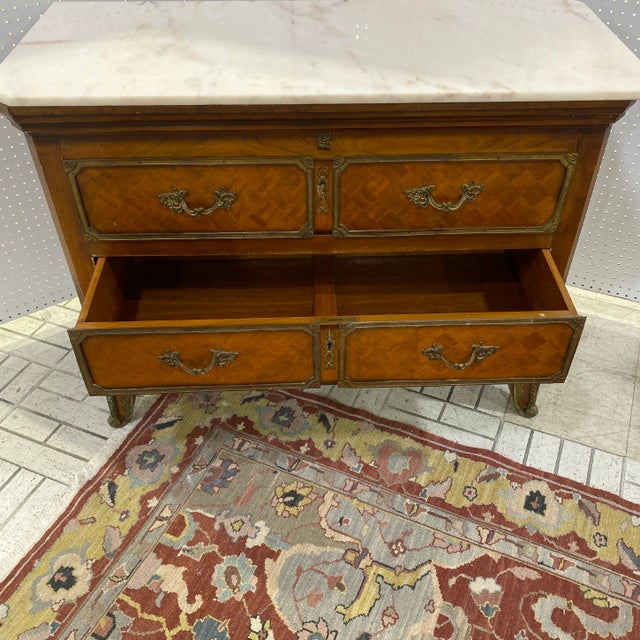 1950s Directoire Style Bronze Mounted Figural Marble Top Kingwood Commode For Sale - Image 9 of 12