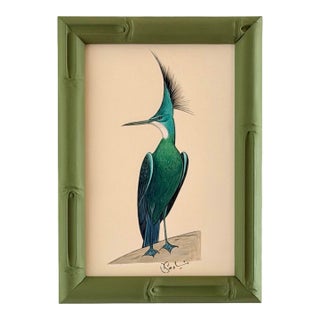 Original Hand-Painted Green Bird Painting in a Hand-Painted Frame For Sale