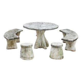 French Faux Bois Garden Table, Benches and Stools, 1960s, Set of 5 For Sale