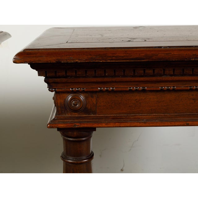 Pair of Italian 19th Century Carved Walnut Console Tables with Doric Columns For Sale - Image 4 of 12