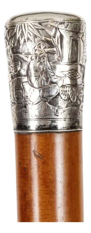 Antique Chinese Silver and Malacca Walking Stick Cane